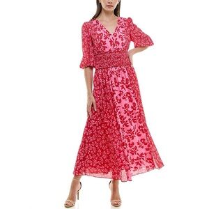 Taylor Red and Pink Floral Long Sleeve Dress